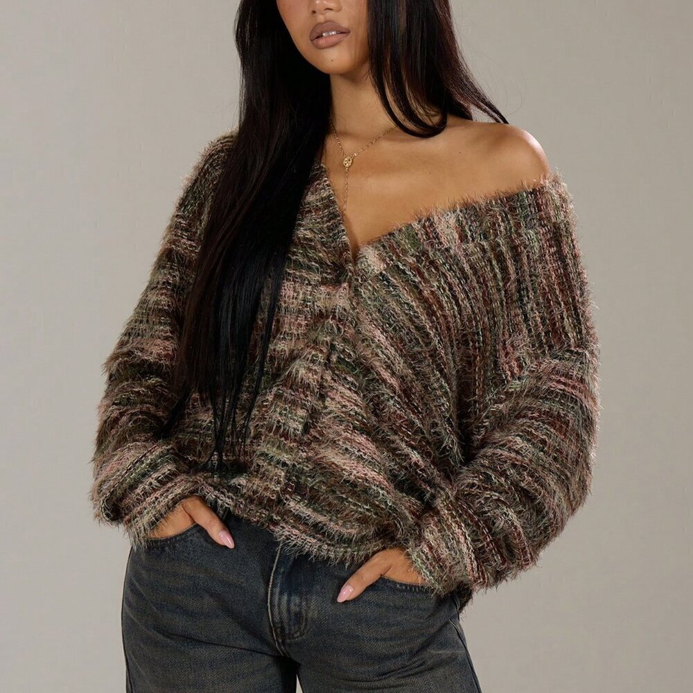 Casual Women's Oversized Textured Stripe Knit Sweater cardigan